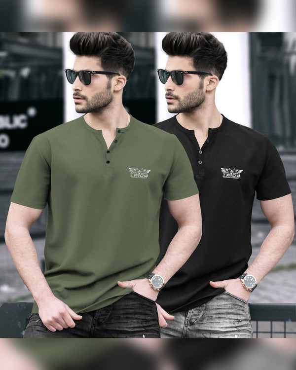 Pack of 2 Men Printed Henley Neck Cotton Blend Multicolor T-Shirt