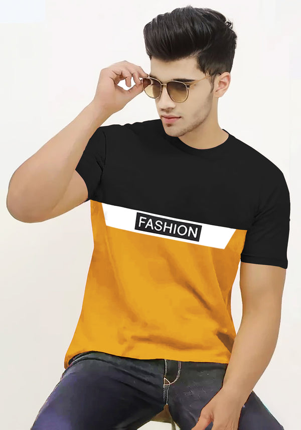 Men Colorblock Round Neck Cotton Blend Black, Yellow T-Shirt