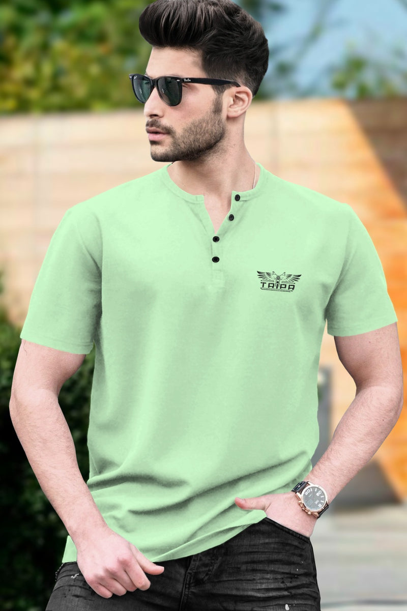 Men Printed Henley Neck Cotton Blend Green T-Shirt