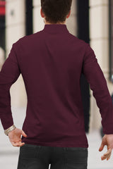 Men Full Sleeve Solid Zip Neck Maroon T-Shirt