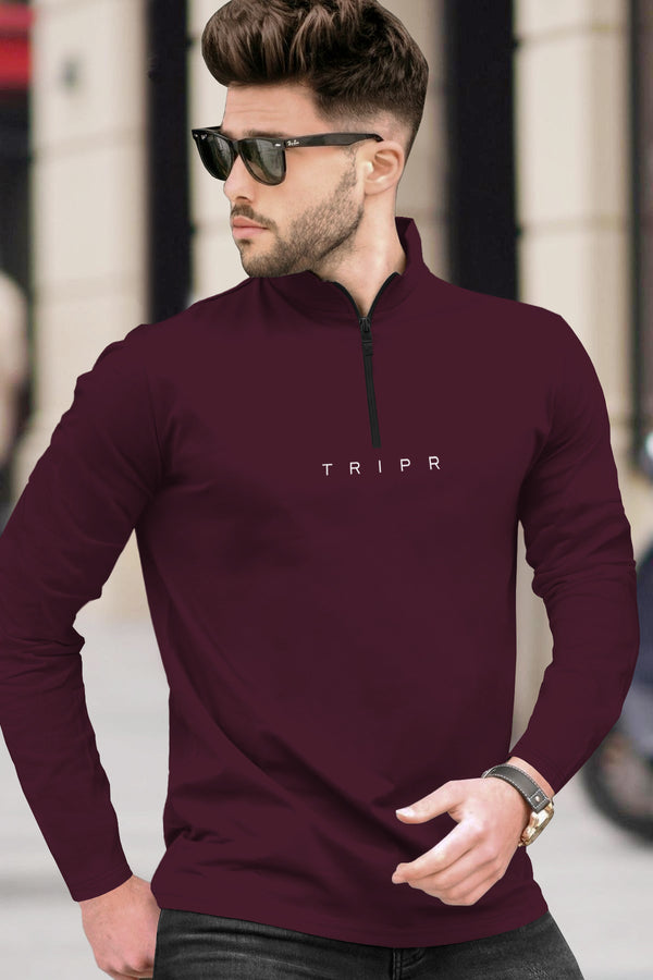 Men Full Sleeve Solid Zip Neck Maroon T-Shirt