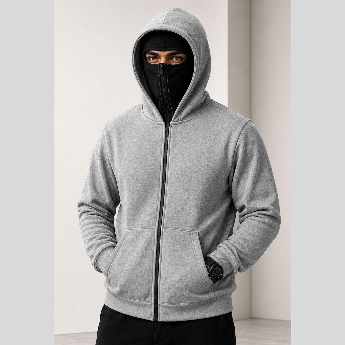 Men Winter Double Capped Hooded Jacket Grey