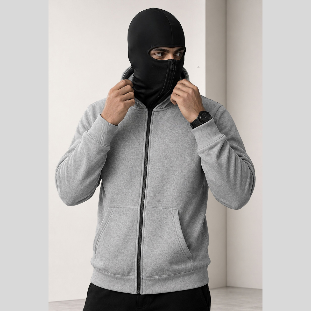 Men Winter Double Capped Hooded Jacket Grey