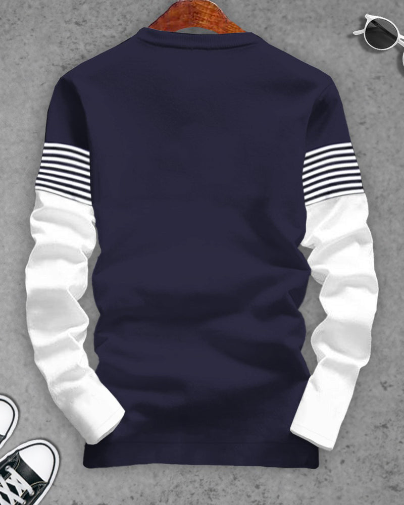 Men Round Neck Navy Blue White Colorblock Full Hand Striped T-shirt