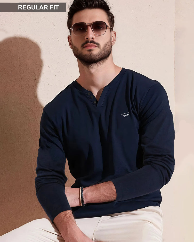 Men Solid V Neck Cotton Blend Navy Blue T-Shirt