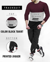 TRACKSUIT SET - Full Sleeve Maroon Color Block T-shirt | Black Trackpant