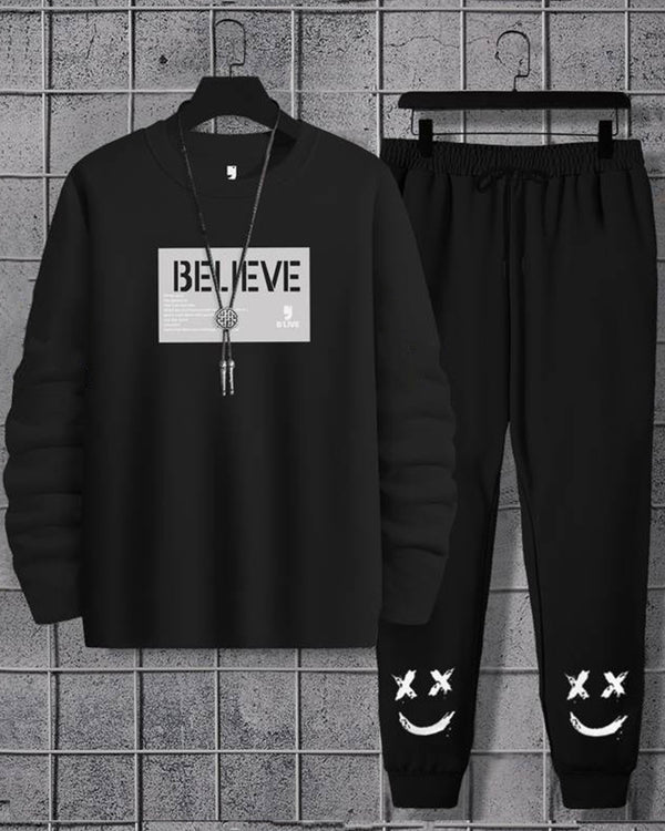 Tracksuit For Men Believe Black T-shirt / Black Printed Trackpant