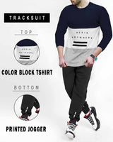 TRACKSUIT SET - Full Sleeve Navy Color Block T-shirt | Black Trackpant