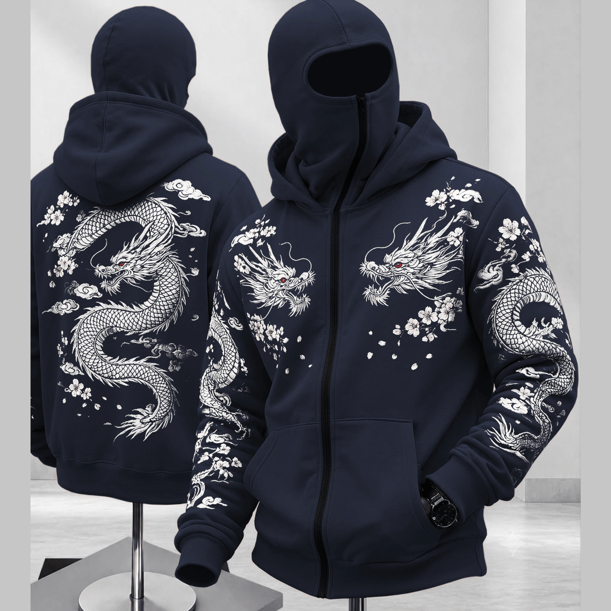 Mens Back Prined Graphic Design Zip-Up Winter Mask Jackets