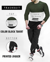 Full Sleeve Olive Green Color Block T-shirt | Black Trackpant Tracksuit