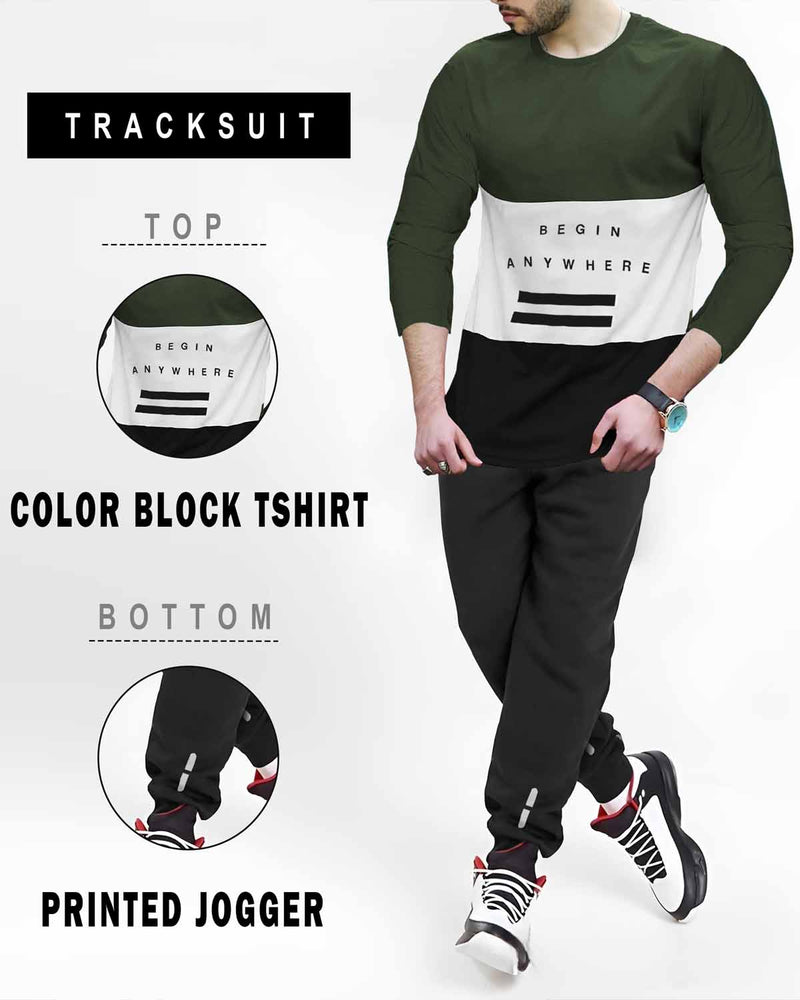 Tracksuit | Full Sleeve Olive Green Colorblock T-shirt | Black Trackpant