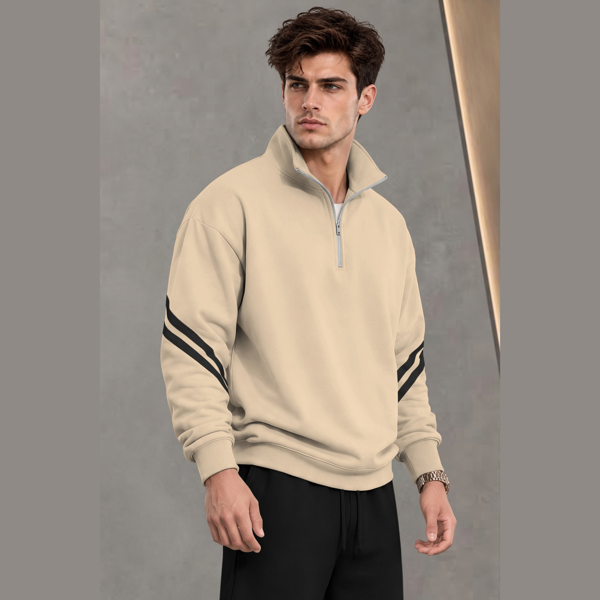 Mens Contrast Stripe Full Sleeve Pullover Sweatshirt Beige