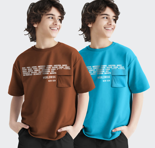 (Pack Of 2) Boys Flap Pocket  Typography Round Neck Half Sleeve T-Shirts