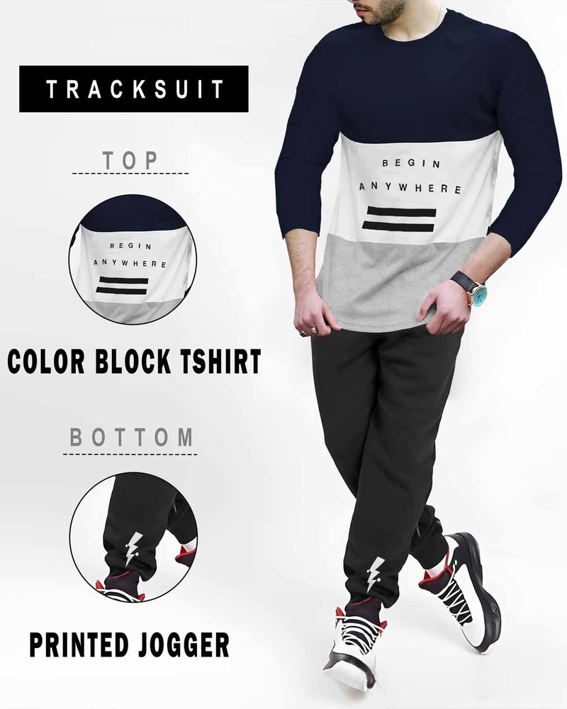 TRACKSUIT SET - Full Sleeve Navy Color Block T-shirt | Black Trackpant