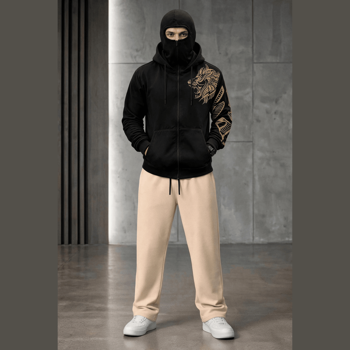 Tracksuit Hooded Mask Printed Jackets And Plain Baggy Trackpants