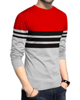 Men Full Sleeve Red Grey Striped T-shirt