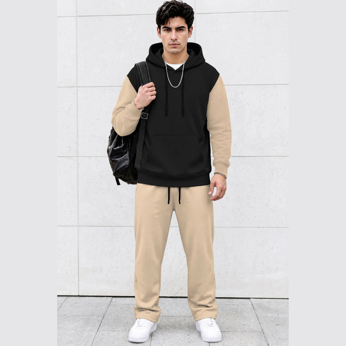 Tracksuit Men Hooded Sweatshirt & Loose Fit Plain Trackpants