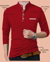 Men Henley Solid Red Full Sleeve T-shirt