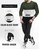 TRACKSUIT SET - Full Sleeve Olive Green Color Block T-shirt | Black Trackpant