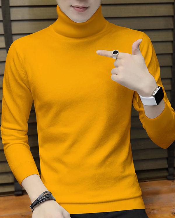 Men High Neck Solid Yellow Full Sleeve T-shirt