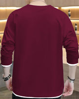 Men Solid Maroon White Piping Full Hand T-shirt