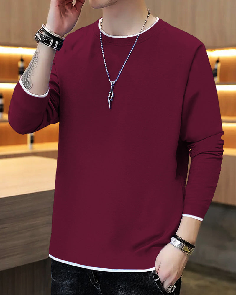 Men Solid Maroon White Piping Full Hand T-shirt