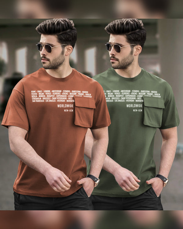 (Pack of 2) Men Oversized T-Shirt With Flap Pocket | Olivegreen & Brown