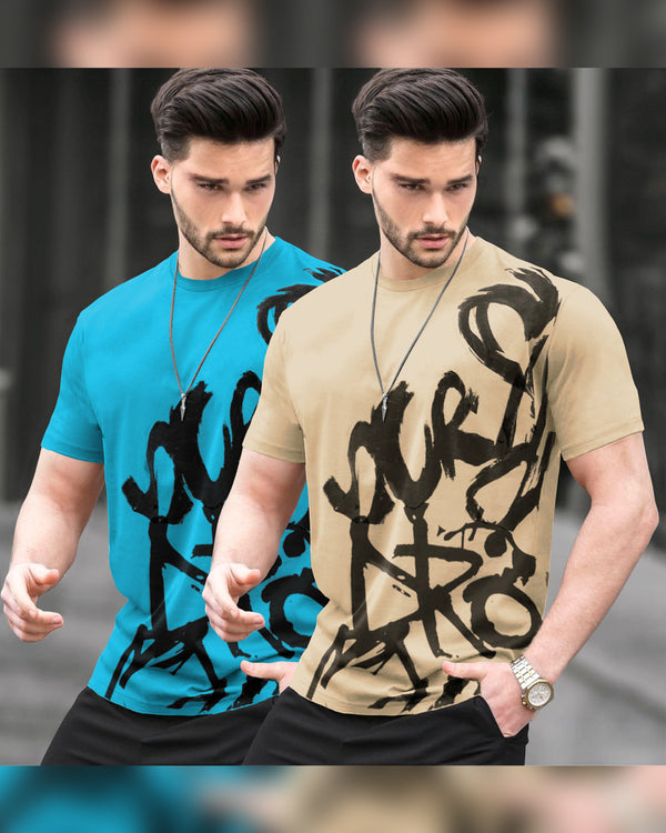 Pack of 2 Men Printed Round Neck Cotton Blend Multicolor T-Shirt