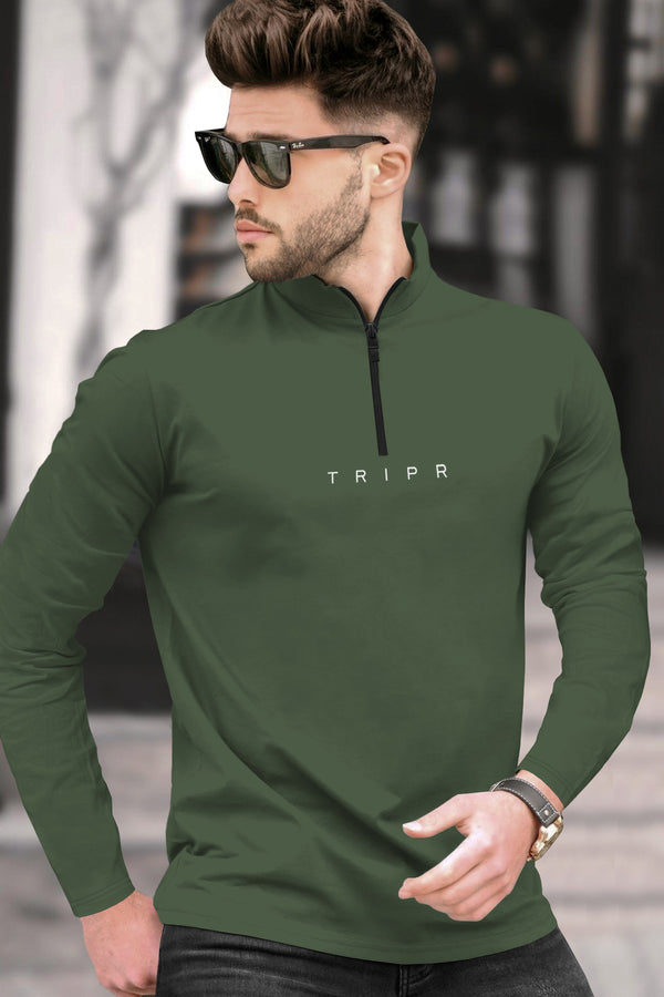 Men High Neck Zipper Olive Green Full Sleeve T-Shirt