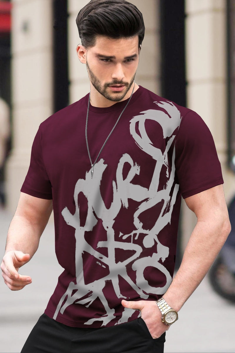 Men Printed Round Neck Cotton Blend Maroon T-Shirt