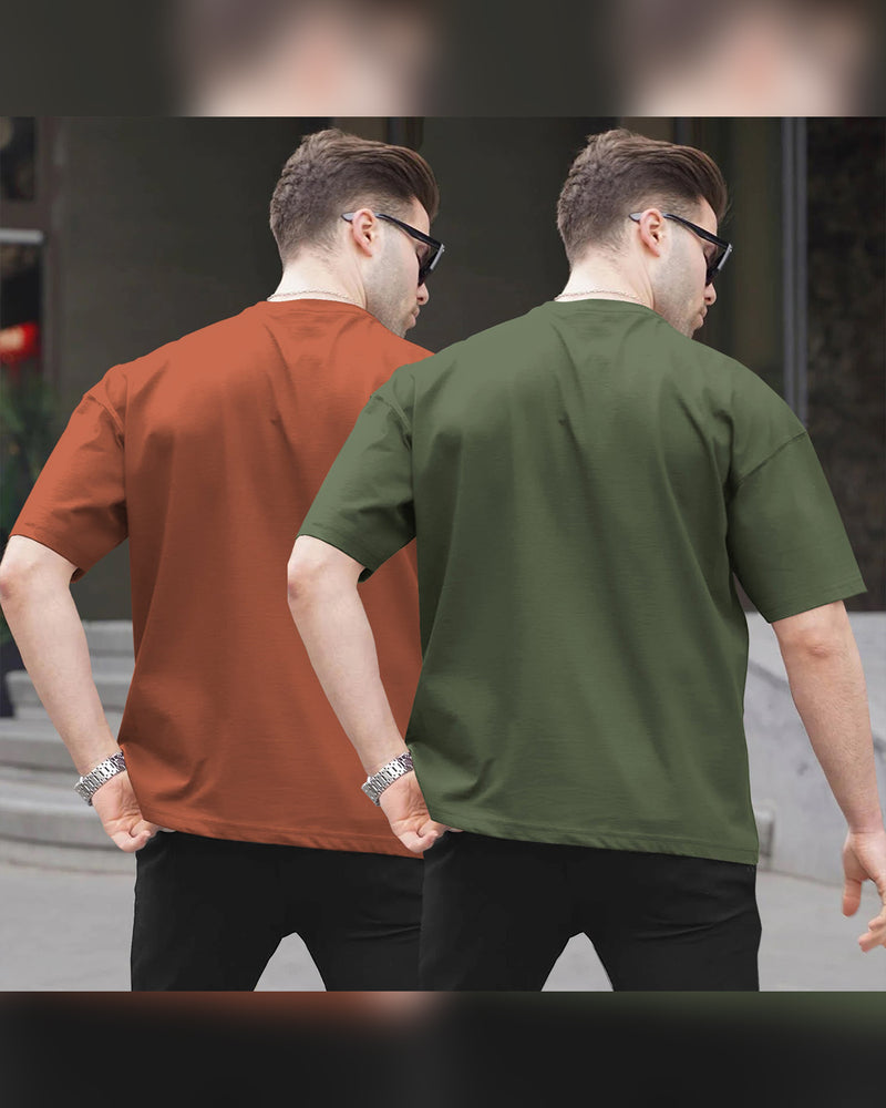 (Pack of 2) Men Oversized T-Shirt With Flap Pocket | Olivegreen & Brown