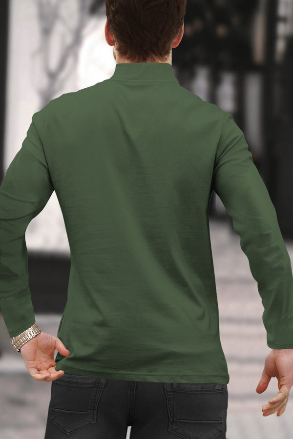 Men High Neck Zipper Olive Green Full Sleeve T-Shirt