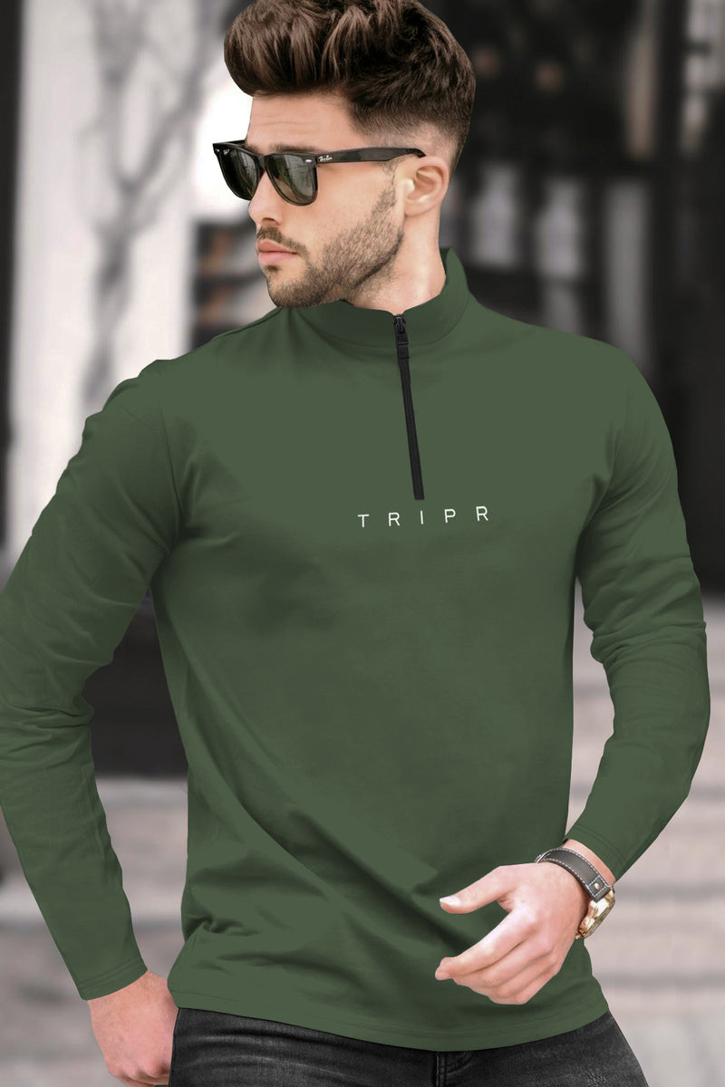 Men High Neck Zipper Olive Green Full Sleeve T-Shirt