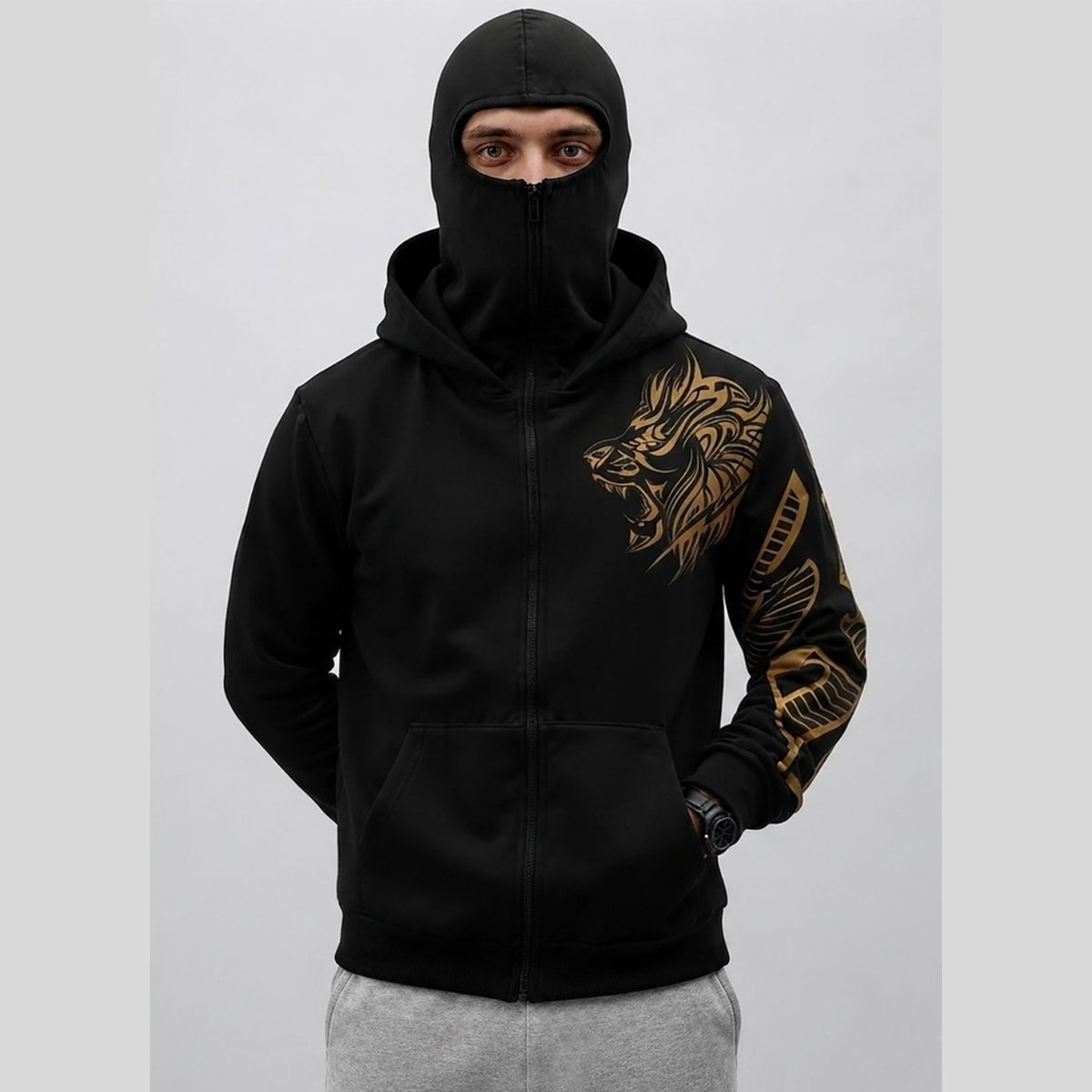 Mens Gold Lion Graphic Zip-Up Winter Balaclava Mask Jacket Black