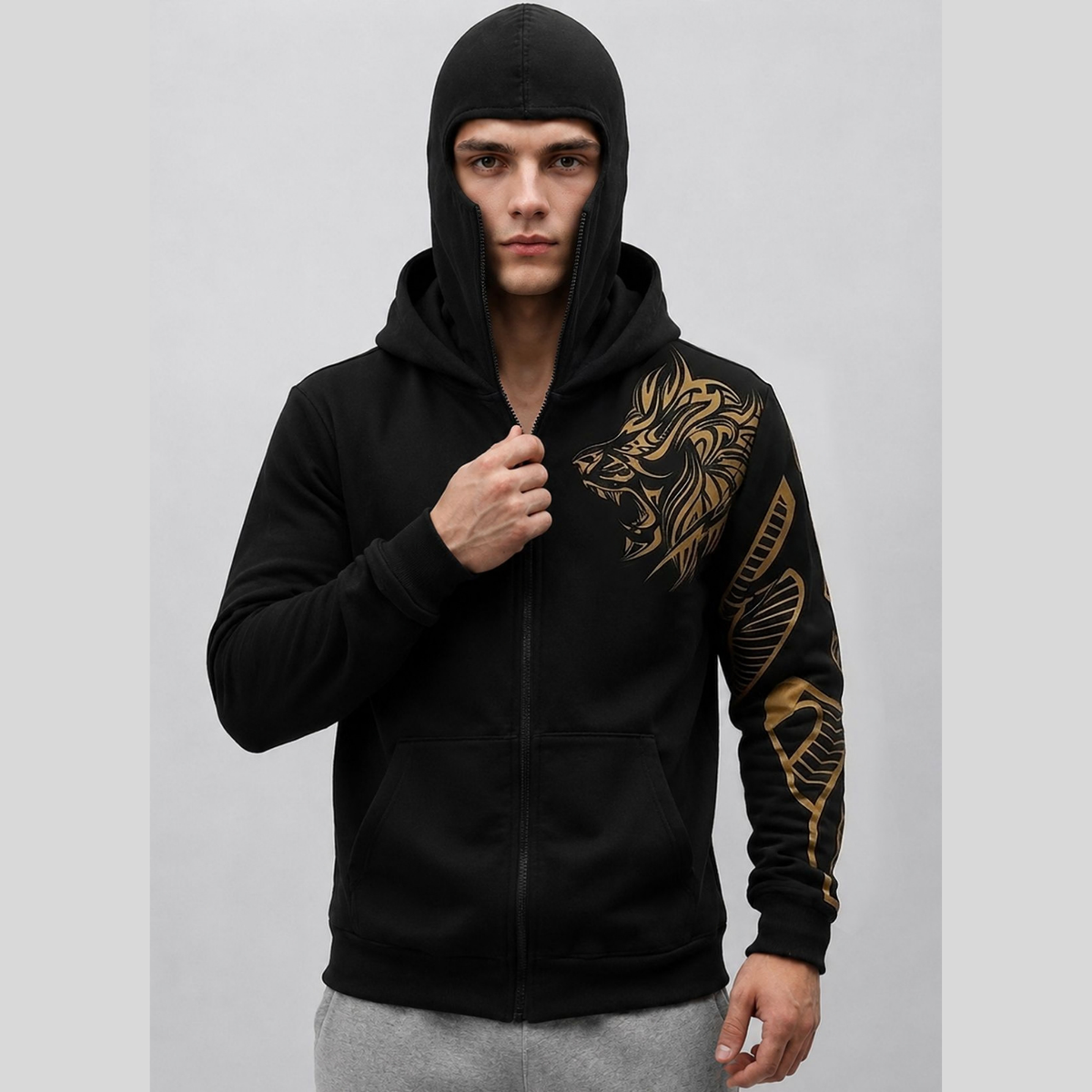 Mens Gold Lion Graphic Zip-Up Winter Balaclava Mask Jacket Black
