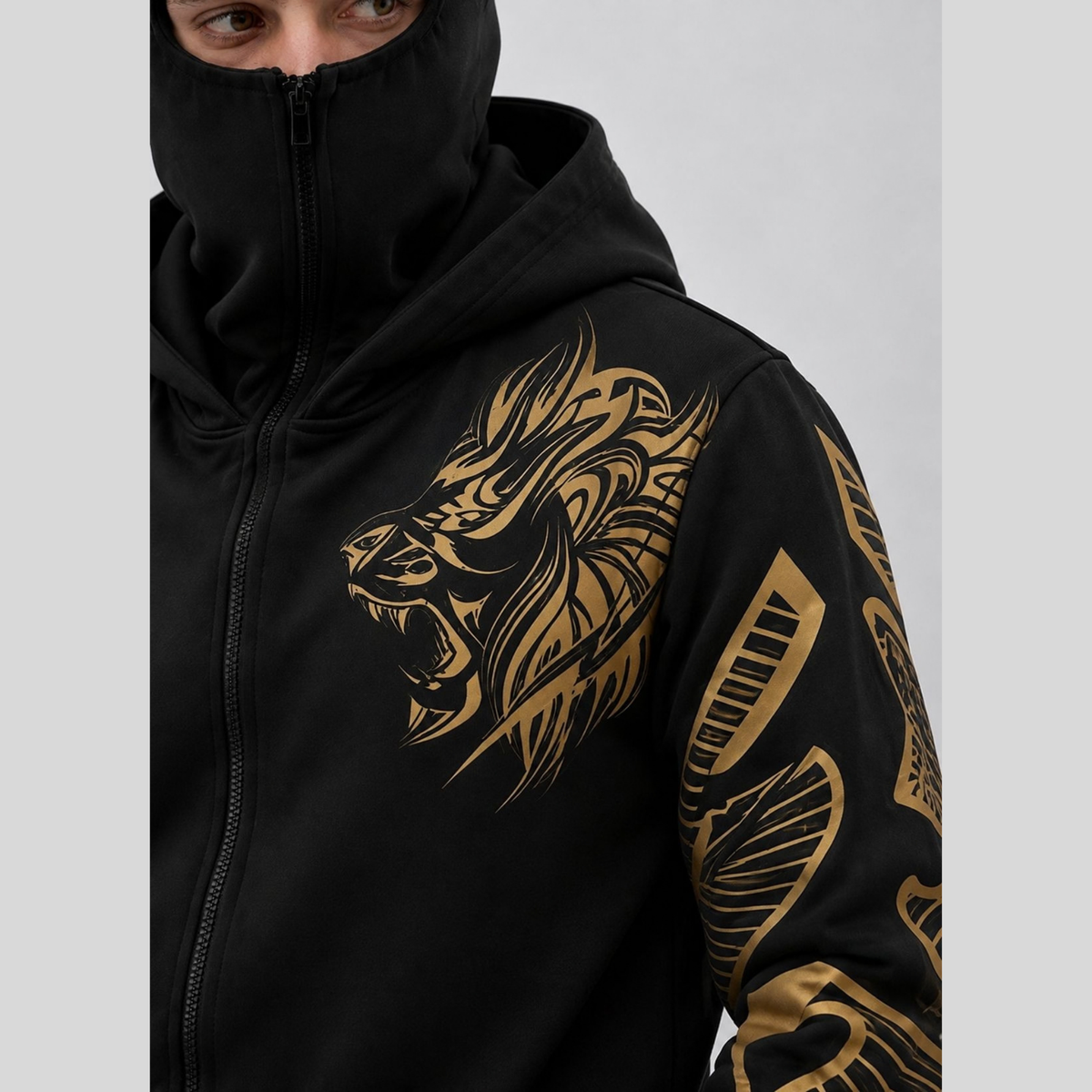 Mens Gold Lion Graphic Zip-Up Winter Balaclava Mask Jacket Black