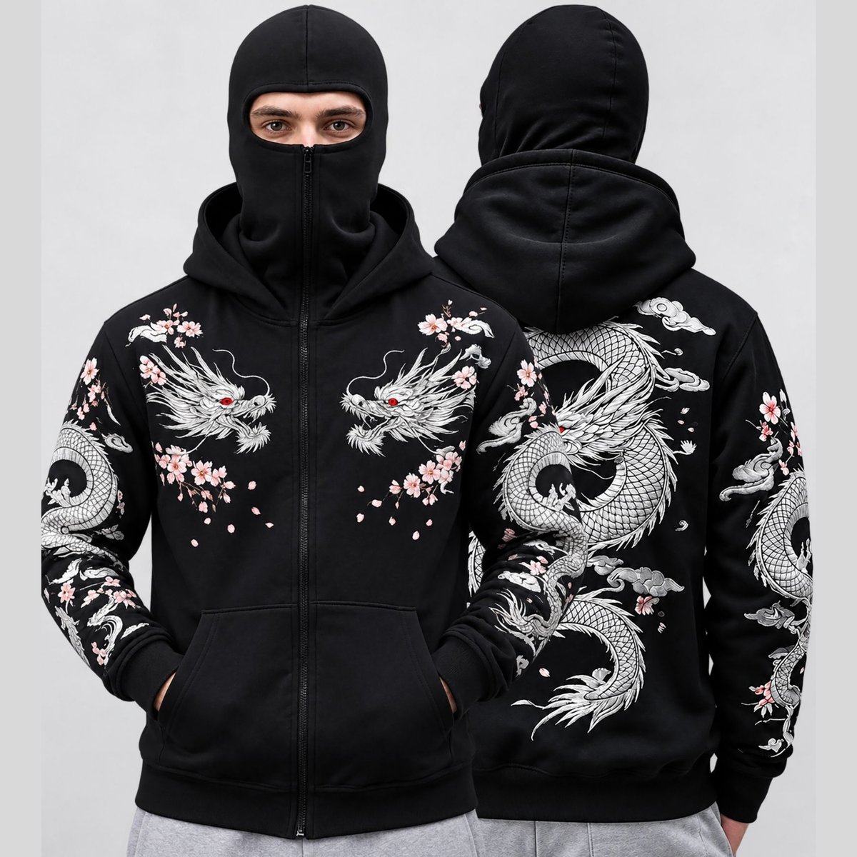Mens Back Prined Graphic Design Zip-Up Winter Mask Jacket Black