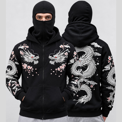 Mens Back Prined Graphic Design Zip-Up Winter Mask Jacket Black