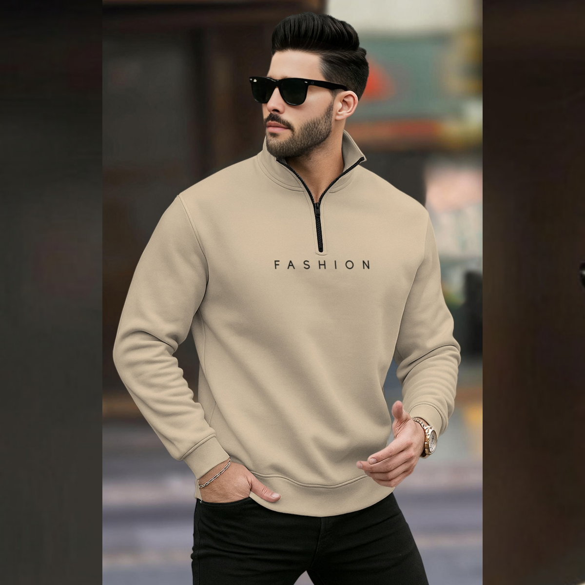 Men Quarter Zip High Neck Plain Winter Sweatshirts