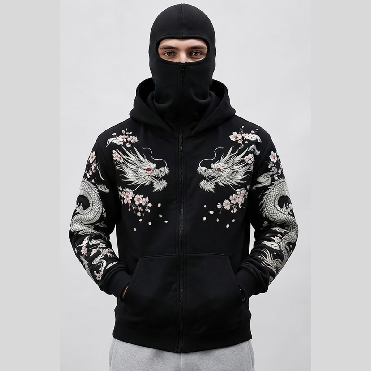 Mens Back Prined Graphic Design Zip-Up Winter Mask Jacket Black