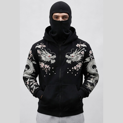 Mens Back Prined Graphic Design Zip-Up Winter Mask Jacket Black