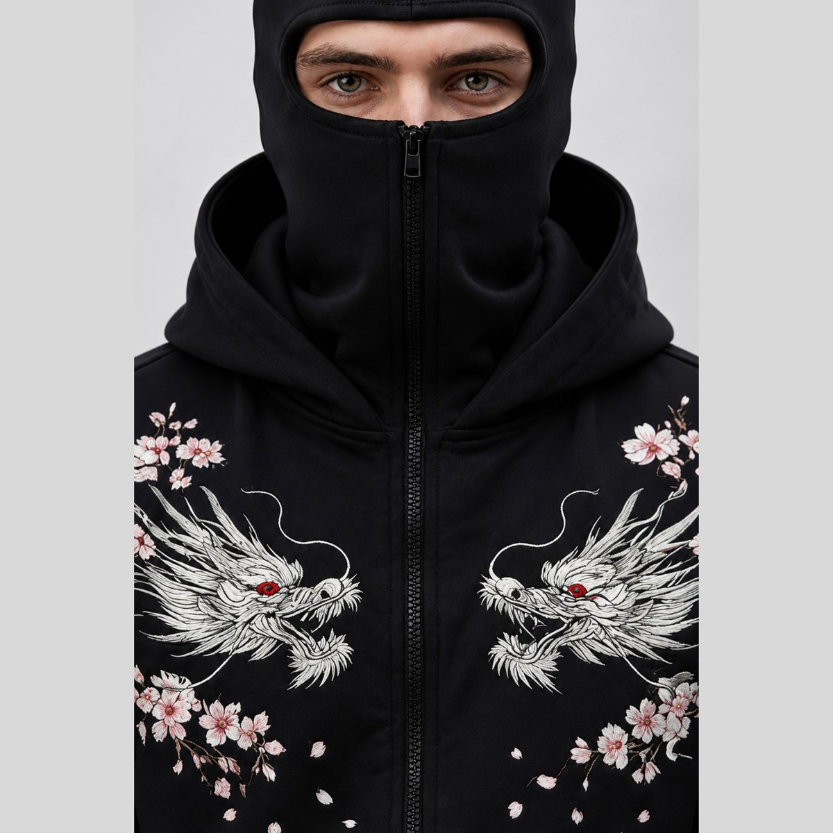Mens Back Prined Graphic Design Zip-Up Winter Mask Jacket Black