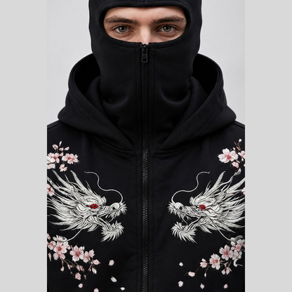 Mens Back Prined Graphic Design Zip-Up Winter Mask Jacket Black