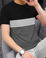 Men Round Neck Black Grey Colorblock Striped T-shirt