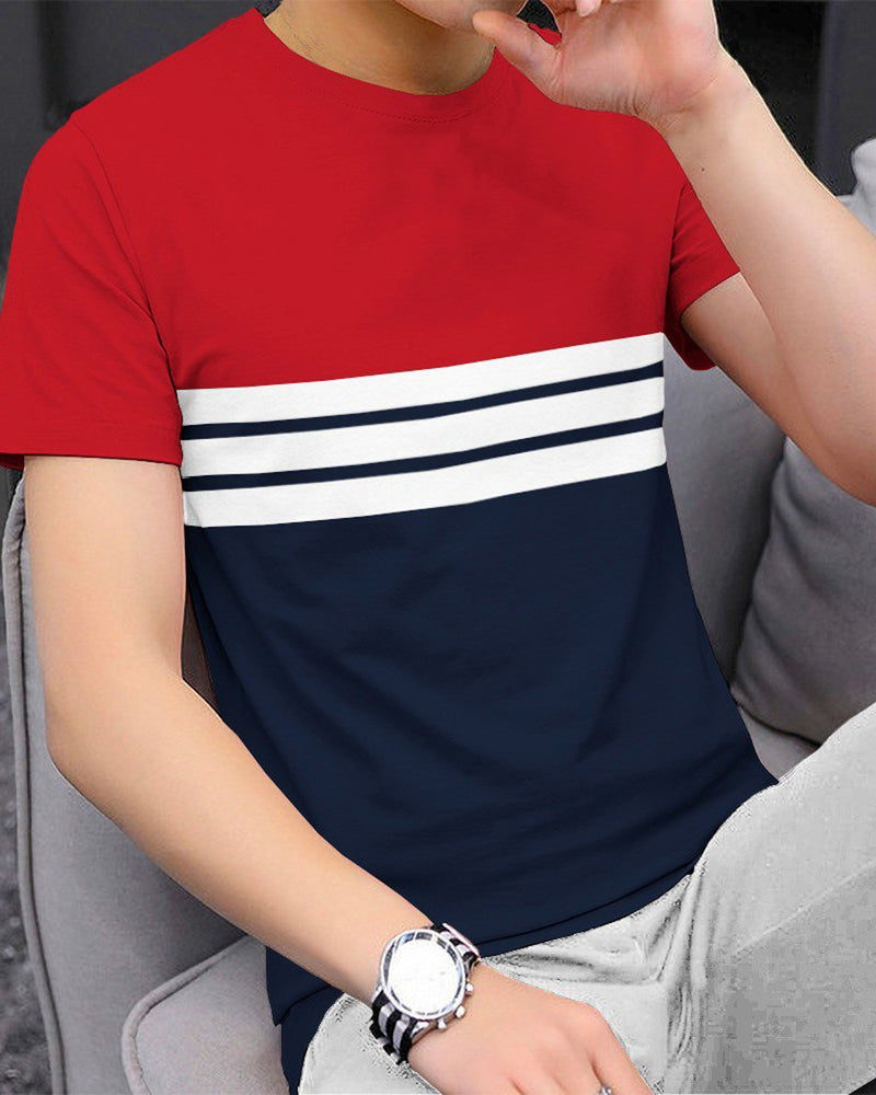 Men Half Sleeve Red Striped Round Neck T-shirt