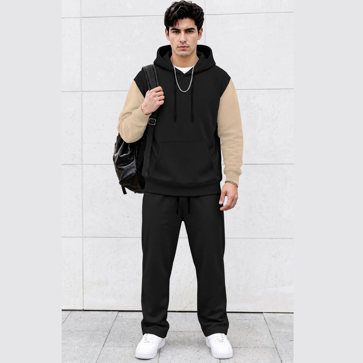 Tracksuit Men Hooded Sweatshirt & Loose Fit Plain Trackpants