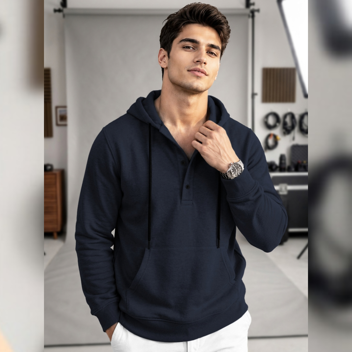 Men Solid Color Winter Hooded Neck Sweatshirts