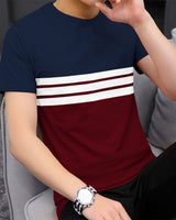 Men Navy Blue Striped Colorblock Round Neck T-shirt