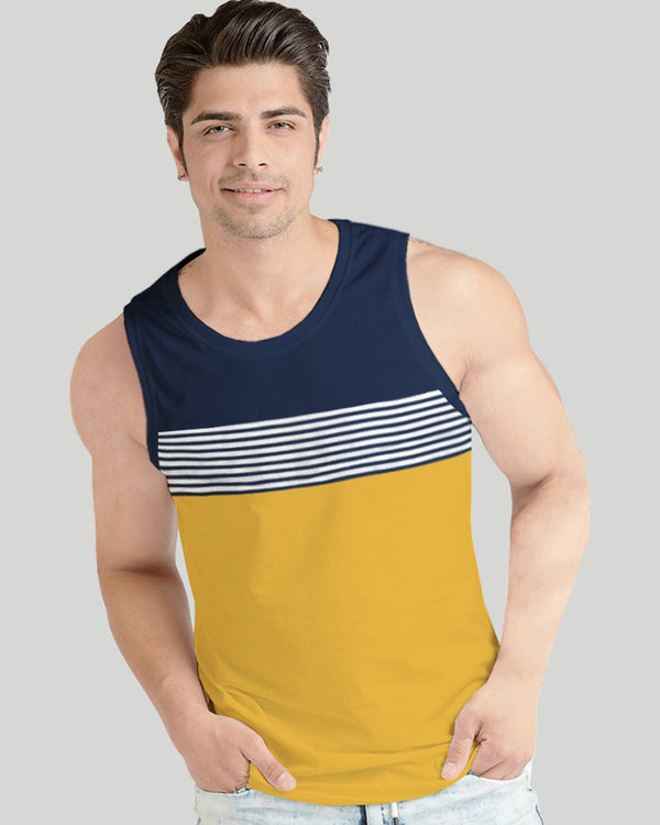 Men Navy-Yellow Striped Vest