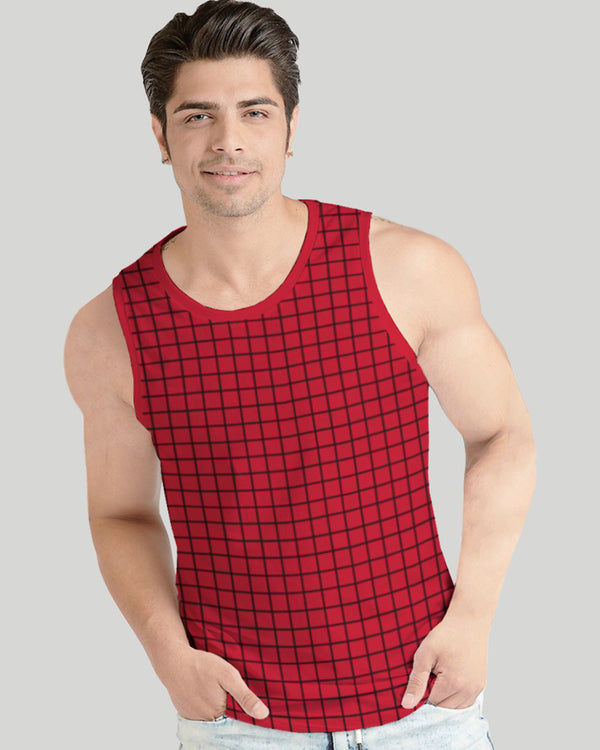 Men Checkered Red Printed Vest